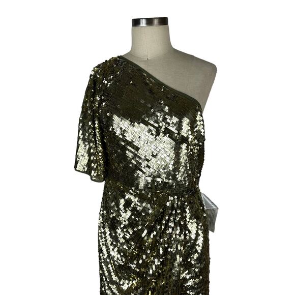 MAC DUGGAL 93540 One Shoulder Flutter Sleeve Gold Sequin Gown Women's Size 10 - Picture 6 of 9